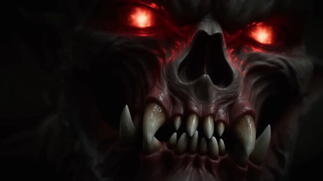 Glowing-eyed horror monster face with sharp teeth moves subtly in a dark setting. Horror film promotion, dark fantasy trailers, and game marketing.