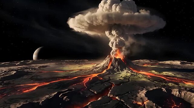 Fiery Volcano Eruption at Night with Glowing Lava, Intense Flames, Thick Smoke and Dramatic Orange Light Creating a Powerful Natural Disaster and Inferno Scene