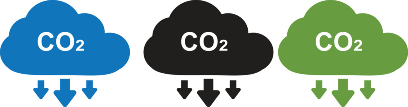 Set of colorful cloud icons with carbon dioxide chemical formula and downward arrows representing emission reduction