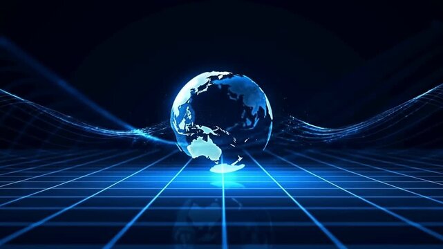 Rotating digital globe on a glowing grid with flowing network lines. Technology presentations, telecommunications advertising, and internet service promotion.
