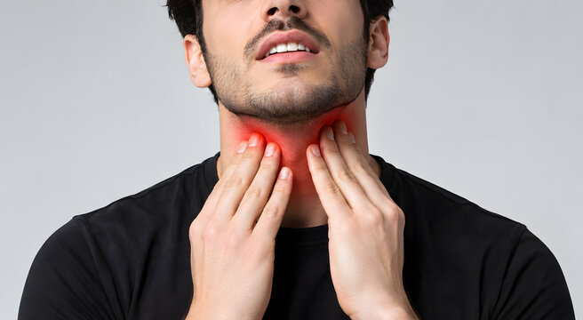 Man touching his throat with highlighted red area indicating sore throat pain