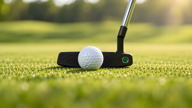 Golf putter and white golf ball on green grass at golf course in soft morning light
