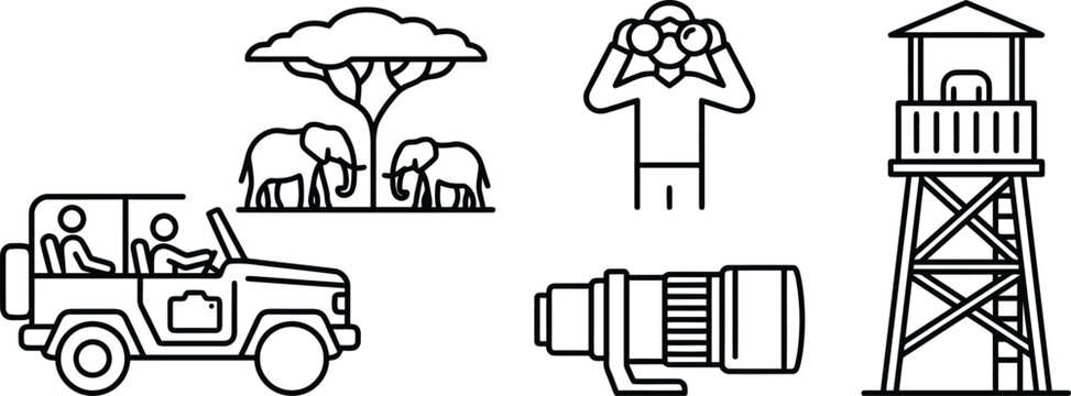 Minimalist line art wilderness travel graphics showing wildlife observation equipment offroad car and animal spotting tower isolated on a white background