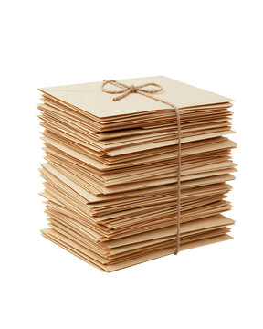 Stack of vintage kraft paper envelopes tied with a twine bow isolated on transparent background PNG element