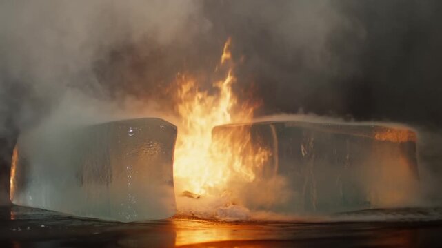 Bright flames burn between melting ice blocks on a wet reflective surface as smoke and steam rise. Climate change campaigns, environmental documentaries, and science education.
