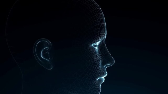 Glowing cyan wireframe human head in side profile within a dark digital space. Technology presentations, artificial intelligence marketing, and facial recognition education.