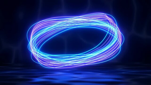Glowing blue and violet light trails rotate into an elliptical ring above a dark reflective surface. Technology presentations, digital advertising, and science media.