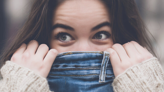 Young woman peeking over blue denim jeans while hiding her face, expressing shyness, embarrassment or playful insecurity.