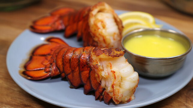 Cooked lobster tails served on a plate with melted butter and fresh lemon wedges in a close-up seafood meal.
