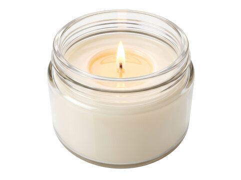 Candle in a small white jar with flame burning softly isolated on transparent background