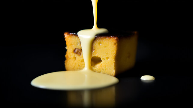 Creamy vanilla custard being poured over a slice of golden sponge cake against a dramatic dark background.