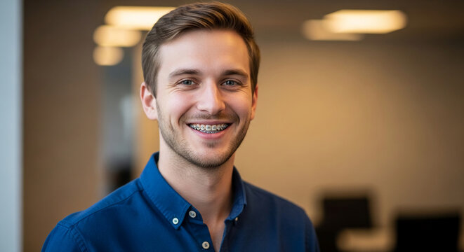 A young man with braces and a blue shirt smiles warmly, showcasing a confident and approachable demeanor, representative of a professional or personal achievement