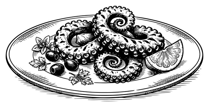 Octopus tentacles on plate with olives and lemon in vintage engraving style