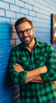 Man with beard and glasses wearing green checkered shirt, leaning against blue brick wall, smiling, symbolizing casual style and confidence