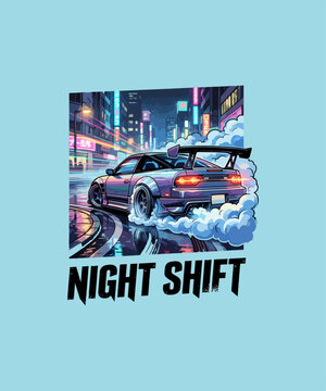 Sport car drifting at night with neon city backdrop and smoke illustration.