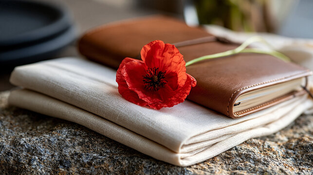 Folded plain cream cloth beside a closed leather diary on rough stone red poppy resting across the fabric and subdued studio light emphasizing simple tactile details respectful