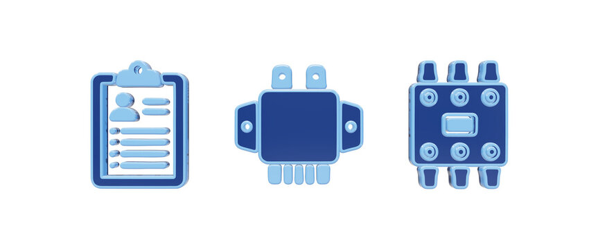 3D blue icons set featuring a document clipboard with resume lines, electronic microchip processor, and integrated circuit chip isolated on a transparent background