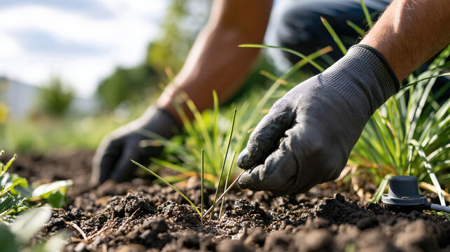 Close view of gloved hands installing a soil moisture probe in a rain garden bed slim sensor prongs entering damp soil beside native grasses and a small weatherproof connection box soft