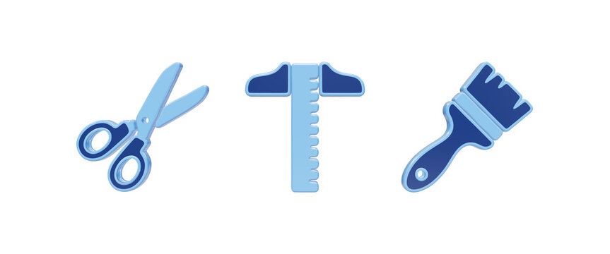 3D render of blue scissors, t-square ruler, and paintbrush craft tools icon set isolated on a transparent background