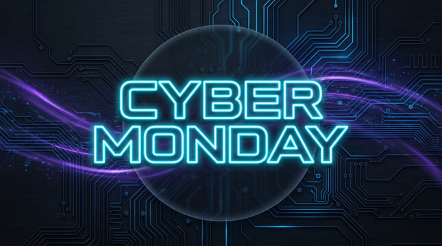 Neon "Cyber Monday" text glows on a dark, circuit board background with purple light streaks, symbolizing digital shopping and technology.