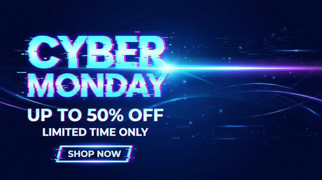 Cyber Monday sale announcement with glitch effect text and discount offer on a dark blue tech background, symbolizing digital shopping and deals