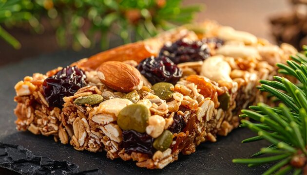 Delicious homemade granola bar with nuts, dried fruits, and seeds on a dark background