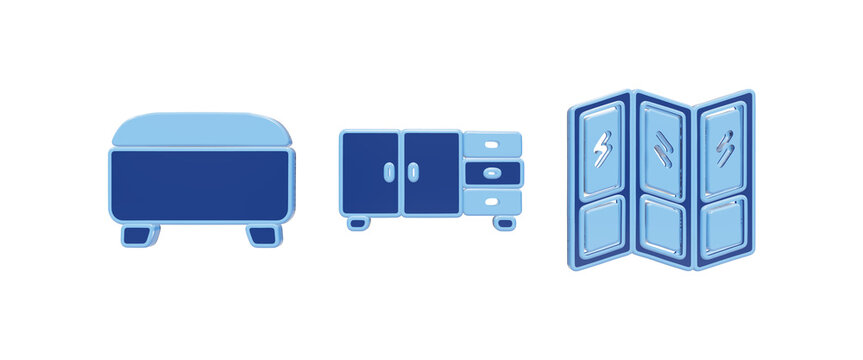Three dimensional blue furniture icons including an ottoman, a sideboard cabinet with drawers, and a folding room divider screen isolated on a transparent background