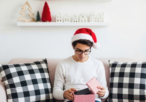 Young man opening a christmas present