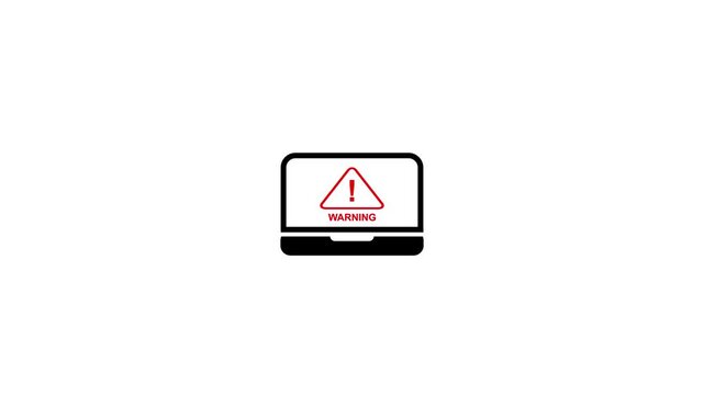 Businessman use computer laptop, triangle caution warning sign for cyber notification error, trouble maintenance.Animated warning sign on laptop screen indicating scam alert.