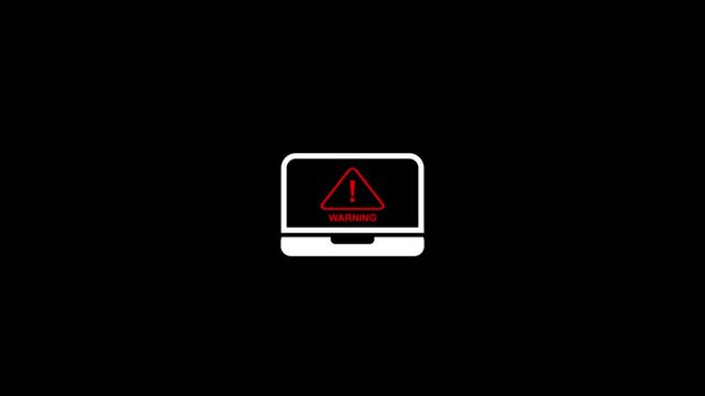 Laptop with warning sign animation on black background.Caution failure system hacked warn alert concept.Warning sign on its screen indicating technical difficulties.