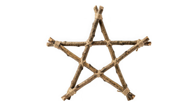 Handmade rustic pentagram star made of wooden twigs and twine isolated on transparent background