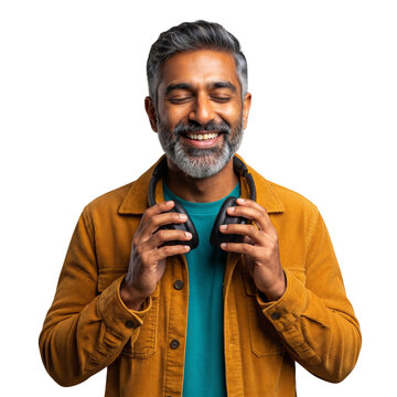 Serene indian man wearing headphones and smiling peacefully