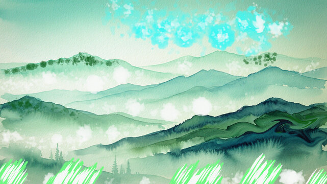 Beautiful watercolor painting of misty green mountains with soft light and atmospheric haze