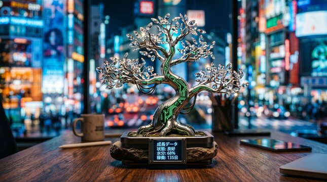 Close-up of a small robotic bonsai tree on a wooden desk. Metallic silver trunk with glowing green circuitry lines. Leaves are made of translucent crystalline glass that catch and refract light. A sma