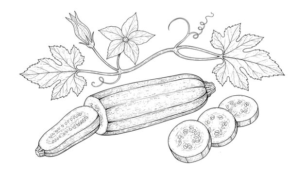 Detailed botanical line drawing of a zucchini plant with fruit and flowers