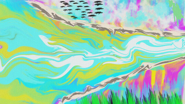Abstract digital art background with vibrant colors and flowing wavy lines in horizontal composition