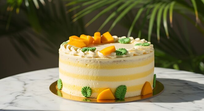 Round mango cream cake with fresh tropical fruit garnish tropical birthday celebration delicious