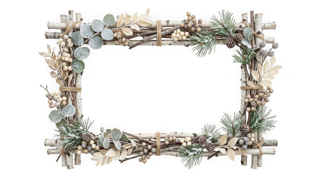 Rustic christmas picture frame made of birch wood branches with pine cones and berries isolated on transparent background