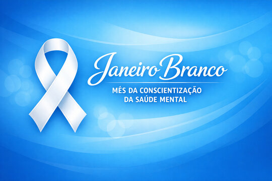Blue background with white ribbon and text. White ribbon symbolizes mental health awareness. Text reads Janeiro Branco Smooth gradient adds depth