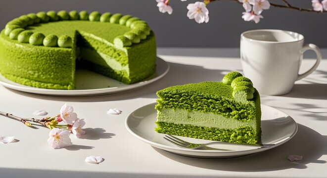 Matcha green tea cake slice on plate with cup of tea and spring flowers traditional japanese