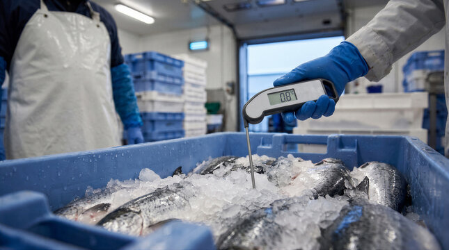 Worker checking the temperature of fresh fish in a crate with ice in a food processing plant