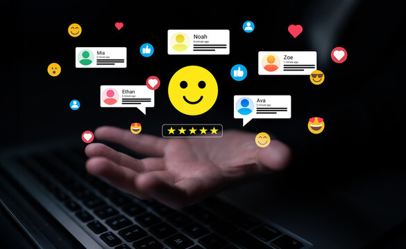 Visual representation of online feedback featuring a smiley face and various social media reactions, symbolizing user engagement and satisfaction in the digital landscape. Ledger