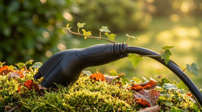 Electric vehicle charging cable plug resting on mossy ground with ivy leaves in a natural outdoor setting