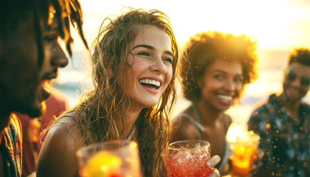 Mujer joven riendo con un c&oacute;ctel en una fiesta en la playa. Mujer joven feliz riendo con un c&oacute;ctel en una reuni&oacute;n soleada en la playa. Fiesta de verano, estilo de vida aut&eacute;ntico.