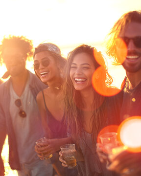  Mujer joven riendo con un c&oacute;ctel en una fiesta en la playa. Mujer joven feliz riendo con un c&oacute;ctel en una reuni&oacute;n soleada en la playa. Fiesta de verano, estilo de vida aut&eacute;ntico.