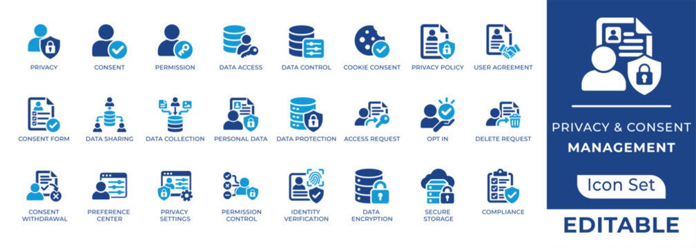 Privacy and consent management solid icon set. Featuring data protection, gdpr compliance, and cookie policy. Vector icons for security portals and compliance dashboards.