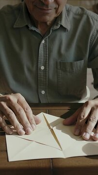 Vertical video: Lifting corner senior folding cream paper to triangle at wooden table wearing shirt