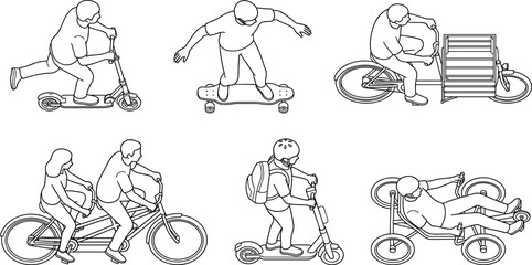 Fototapeta premium Isometric micro mobility line art vector set, people riding scooters bikes and skateboards outline