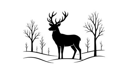 Obraz premium Symmetrical Stag Deer Silhouette Vector Graphic in Minimalist Winter Forest Landscape for Holiday Greeting Cards, Seasonal Decorations, and Wilderness Branding Designs