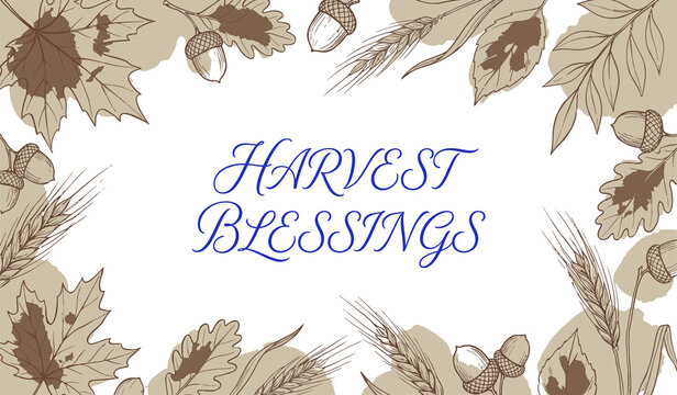 Harvest blessings autumn greeting card background frame with falling leaves acorns and wheat ears horizontal border
